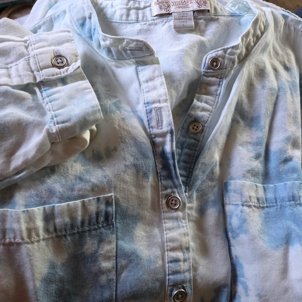 Vintage America Blues Button Down Women L Blue Excellent Tie Dye Roll Tab‎ Boho